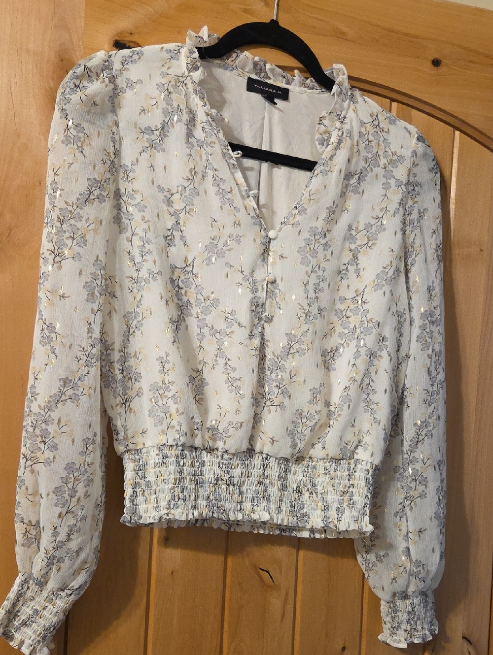 Talulah Cream Floral Smocked-Hem Blouse with Subtle Gold Detail